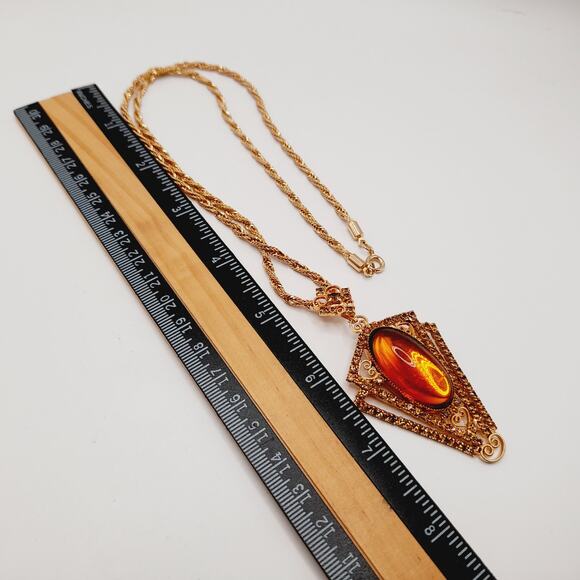 Vintage Topaz Lucite Rhinestone Pendant Brooch Necklace Rope Chain 22” - Picture 14 of 14